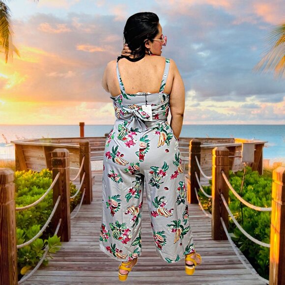 Amanda's Place Floral Sleeveless Jumpsuit Wide Leg Tropical Fruit Romper Dress - Picture 7 of 13